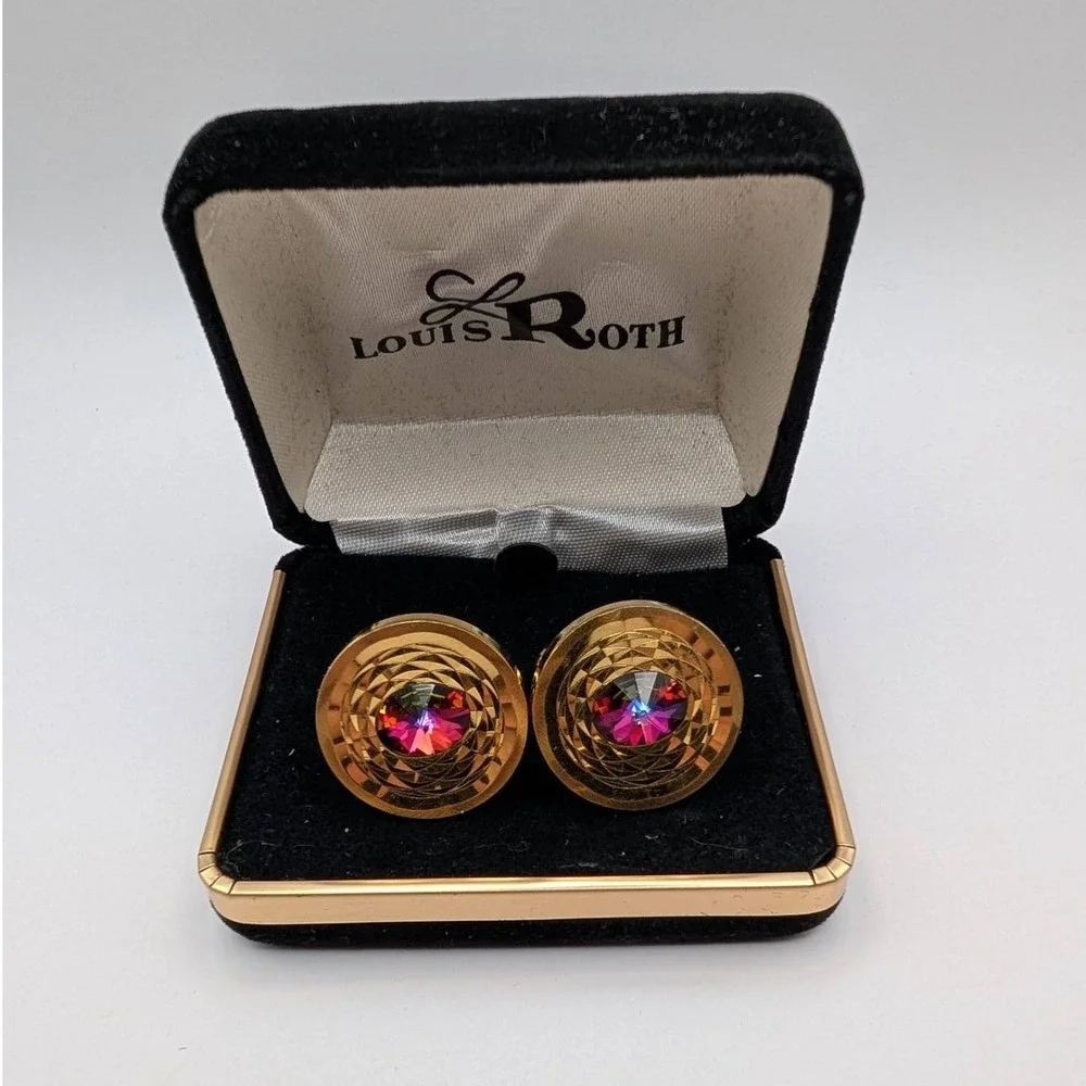 Vintage‎ Louis Roth Gold Tone Iridescent Crystal Concentric Circle Cufflinks Box